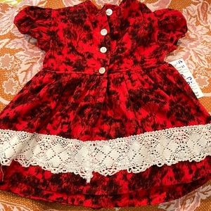 Vintage 50’s red dress possibly bark cloth with crochet lace‎ 18-24m  150